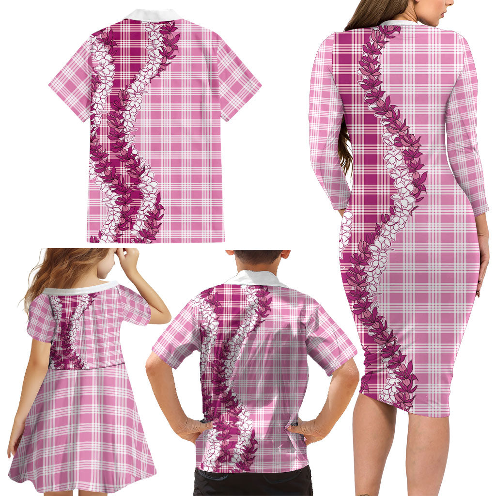 Pink Hawaii Palaka Family Matching Long Sleeve Bodycon Dress and Hawaiian Shirt Hawaiian Honohono Lei LT05 - Polynesian Pride