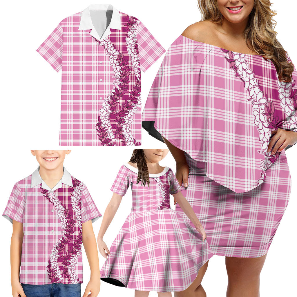 Pink Hawaii Palaka Family Matching Off Shoulder Short Dress and Hawaiian Shirt Hawaiian Honohono Lei