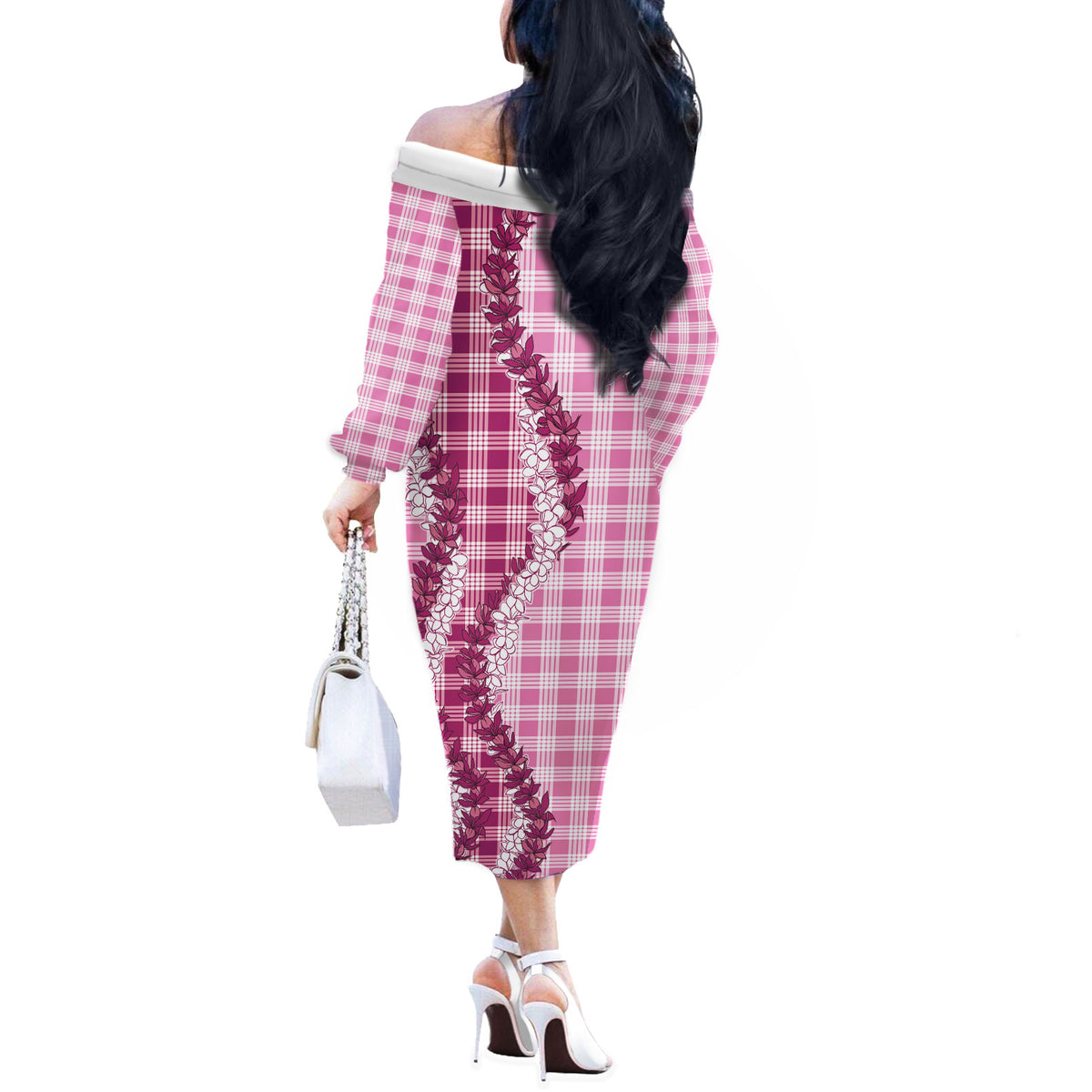 Pink Hawaii Palaka Off The Shoulder Long Sleeve Dress Hawaiian Honohono Lei LT05 - Polynesian Pride