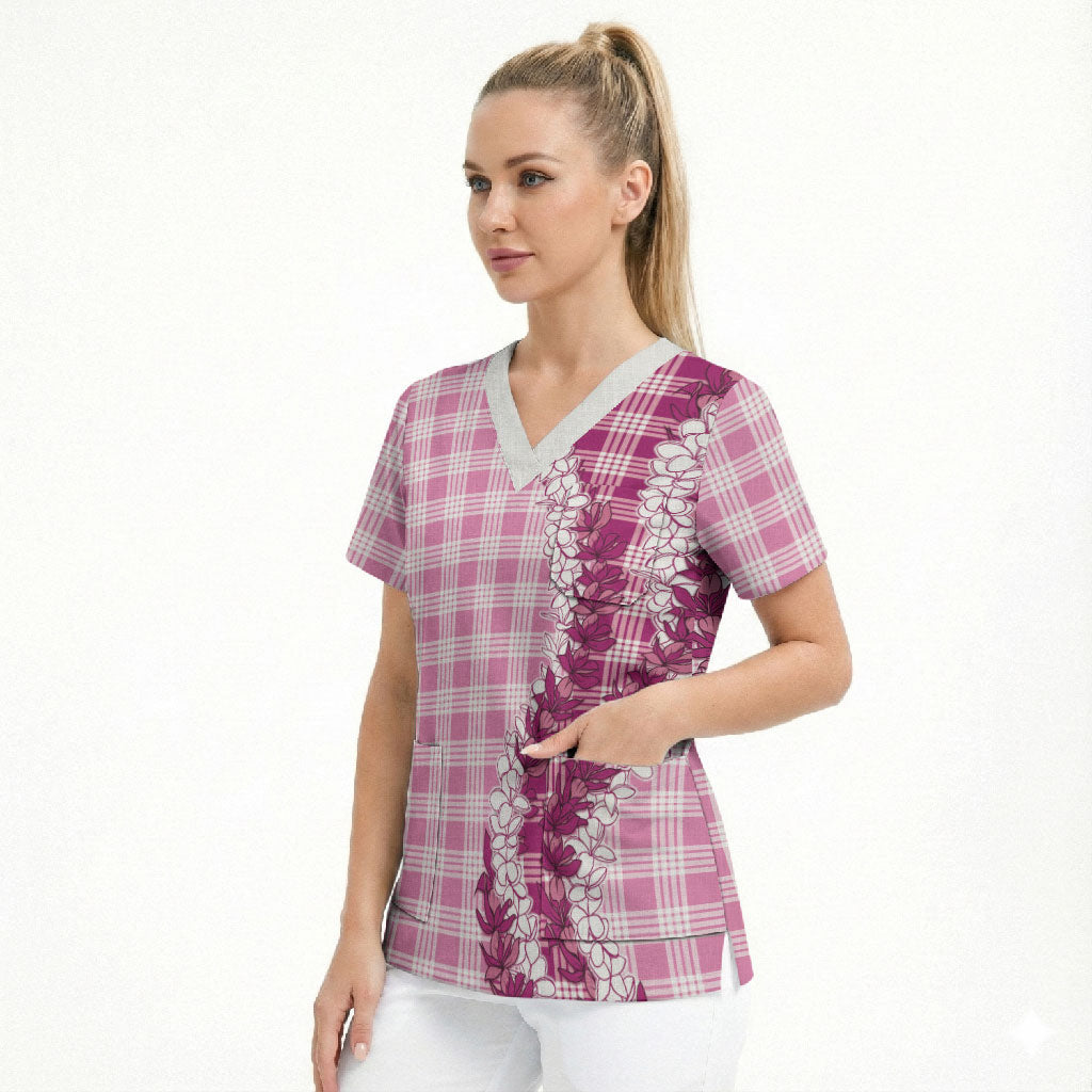 Pink Hawaii Palaka Scrub Top Hawaiian Honohono Lei