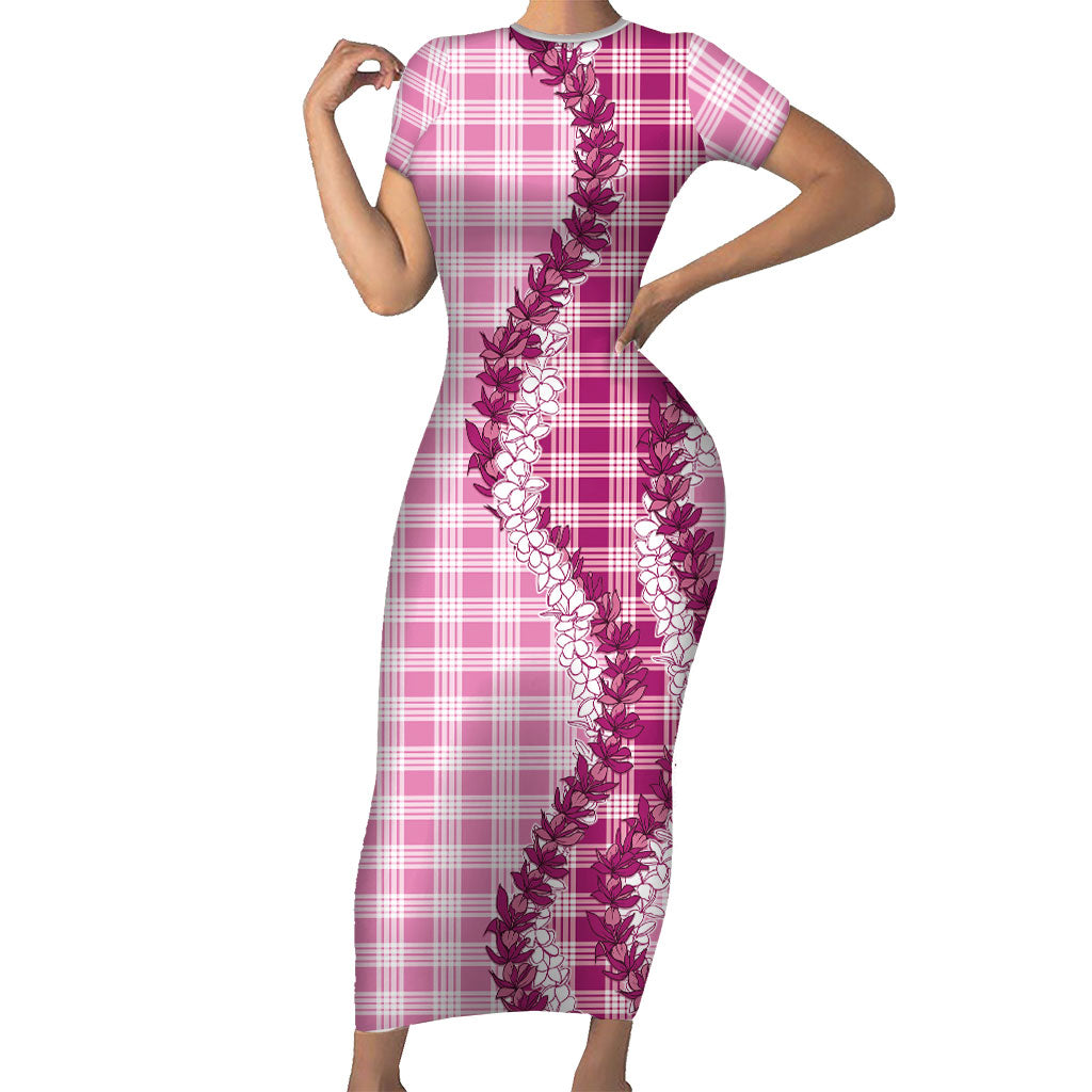 Pink Hawaii Palaka Short Sleeve Bodycon Dress Hawaiian Honohono Lei LT05 Long Dress Pink - Polynesian Pride