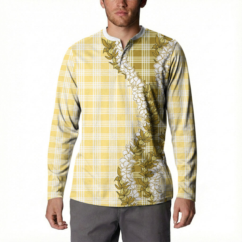 Yellow Hawaii Palaka Button Sweatshirt Hawaiian Honohono Lei