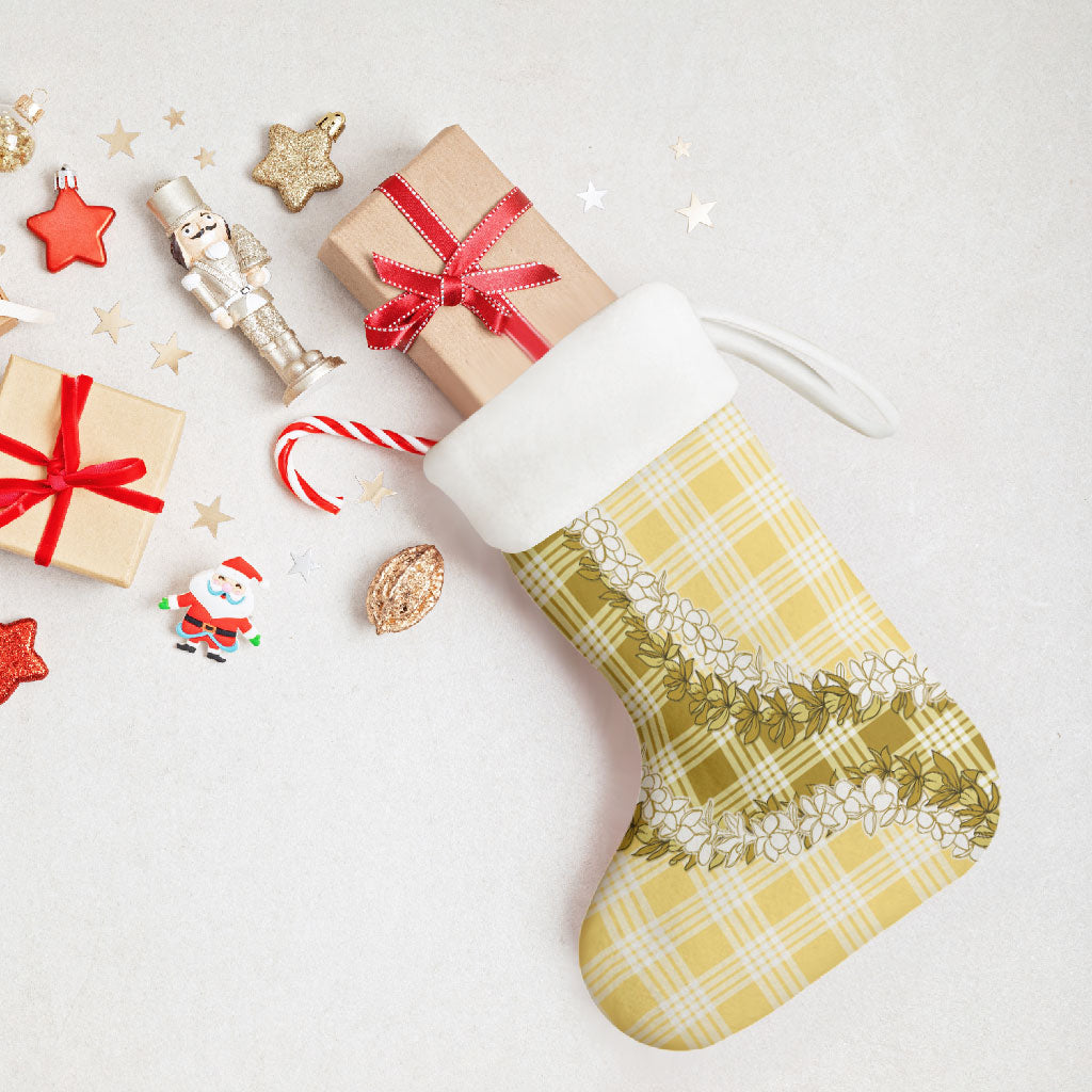 Yellow Hawaii Palaka Christmas Stocking Hawaiian Honohono Lei