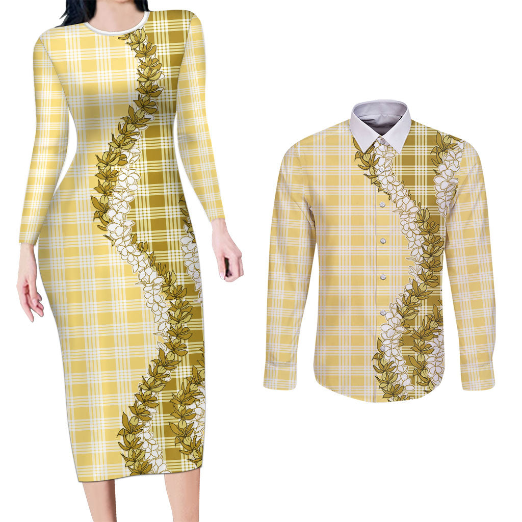 Yellow Hawaii Palaka Couples Matching Long Sleeve Bodycon Dress and Long Sleeve Button Shirt Hawaiian Honohono Lei LT05 Yellow - Polynesian Pride