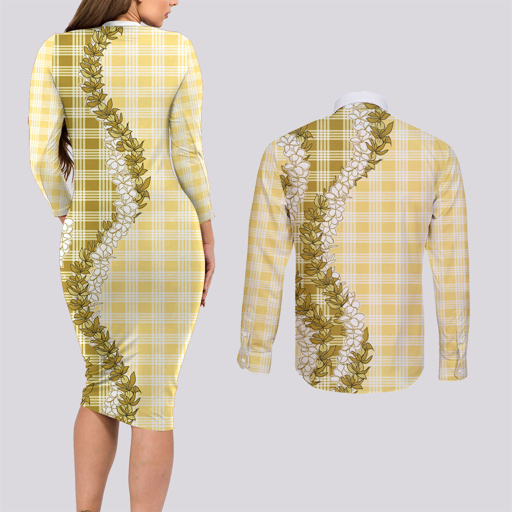Yellow Hawaii Palaka Couples Matching Long Sleeve Bodycon Dress and Long Sleeve Button Shirt Hawaiian Honohono Lei