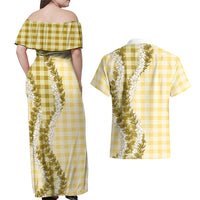 Yellow Hawaii Palaka Couples Matching Off Shoulder Maxi Dress and Hawaiian Shirt Hawaiian Honohono Lei