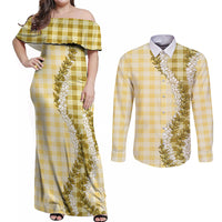 Yellow Hawaii Palaka Couples Matching Off Shoulder Maxi Dress and Long Sleeve Button Shirt Hawaiian Honohono Lei LT05 Yellow - Polynesian Pride