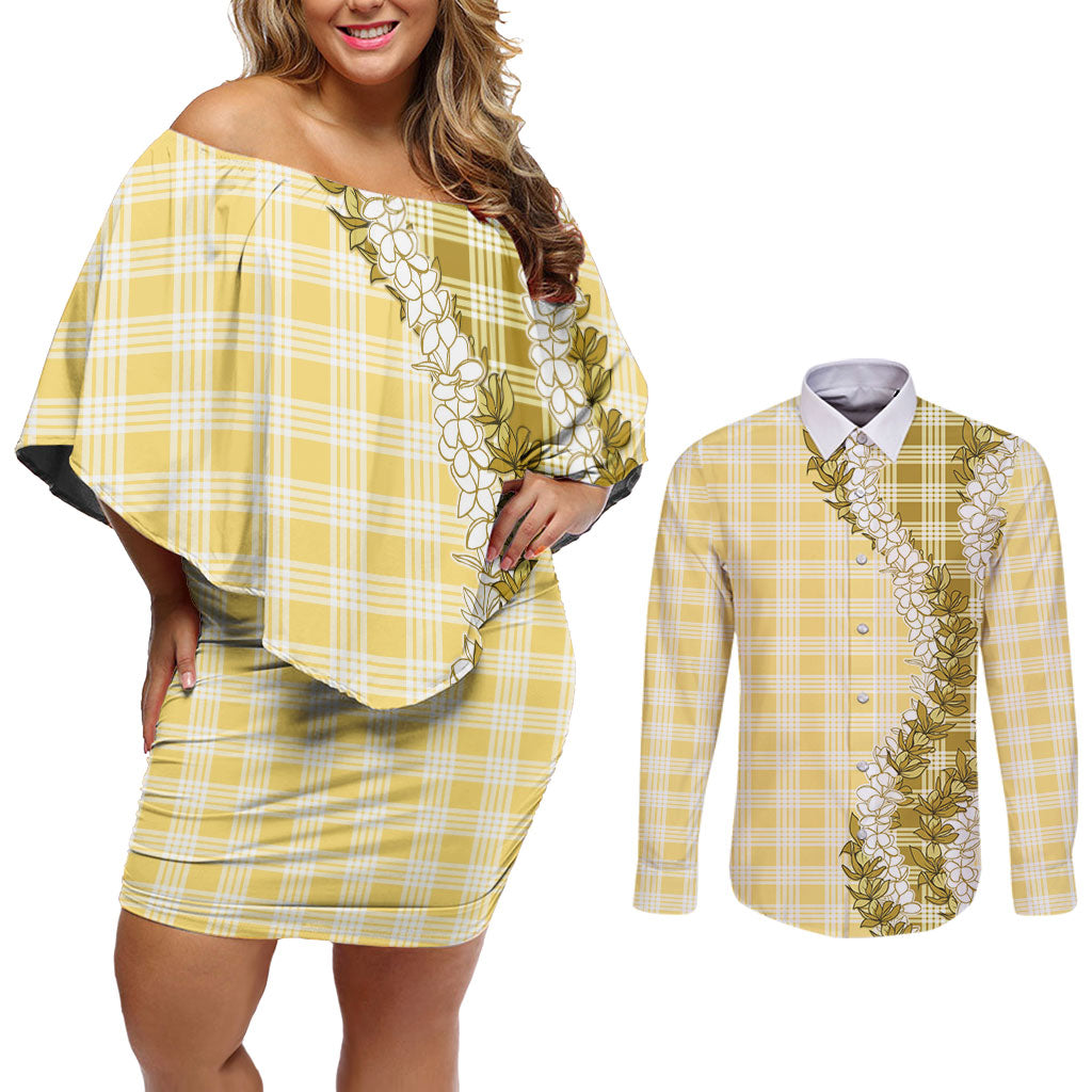 Yellow Hawaii Palaka Couples Matching Off Shoulder Short Dress and Long Sleeve Button Shirt Hawaiian Honohono Lei LT05 Yellow - Polynesian Pride