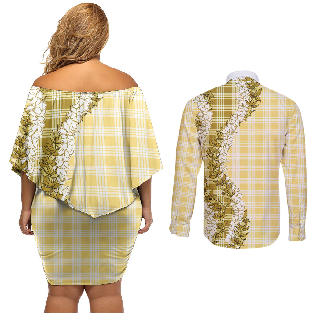Yellow Hawaii Palaka Couples Matching Off Shoulder Short Dress and Long Sleeve Button Shirt Hawaiian Honohono Lei LT05 - Polynesian Pride