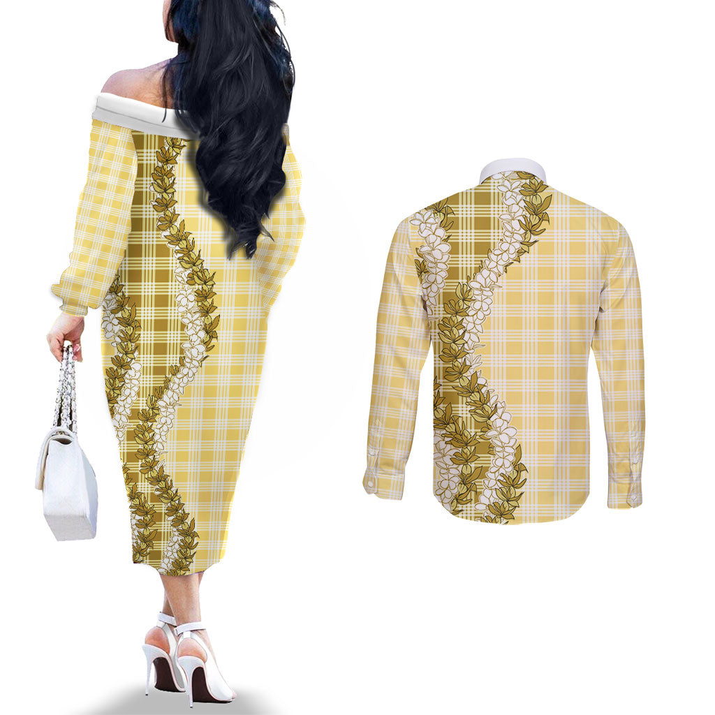 Yellow Hawaii Palaka Couples Matching Off The Shoulder Long Sleeve Dress and Long Sleeve Button Shirt Hawaiian Honohono Lei