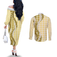 Yellow Hawaii Palaka Couples Matching Off The Shoulder Long Sleeve Dress and Long Sleeve Button Shirt Hawaiian Honohono Lei