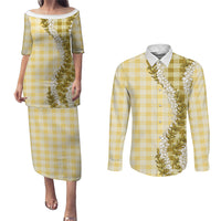 Yellow Hawaii Palaka Couples Matching Puletasi and Long Sleeve Button Shirt Hawaiian Honohono Lei LT05 Yellow - Polynesian Pride
