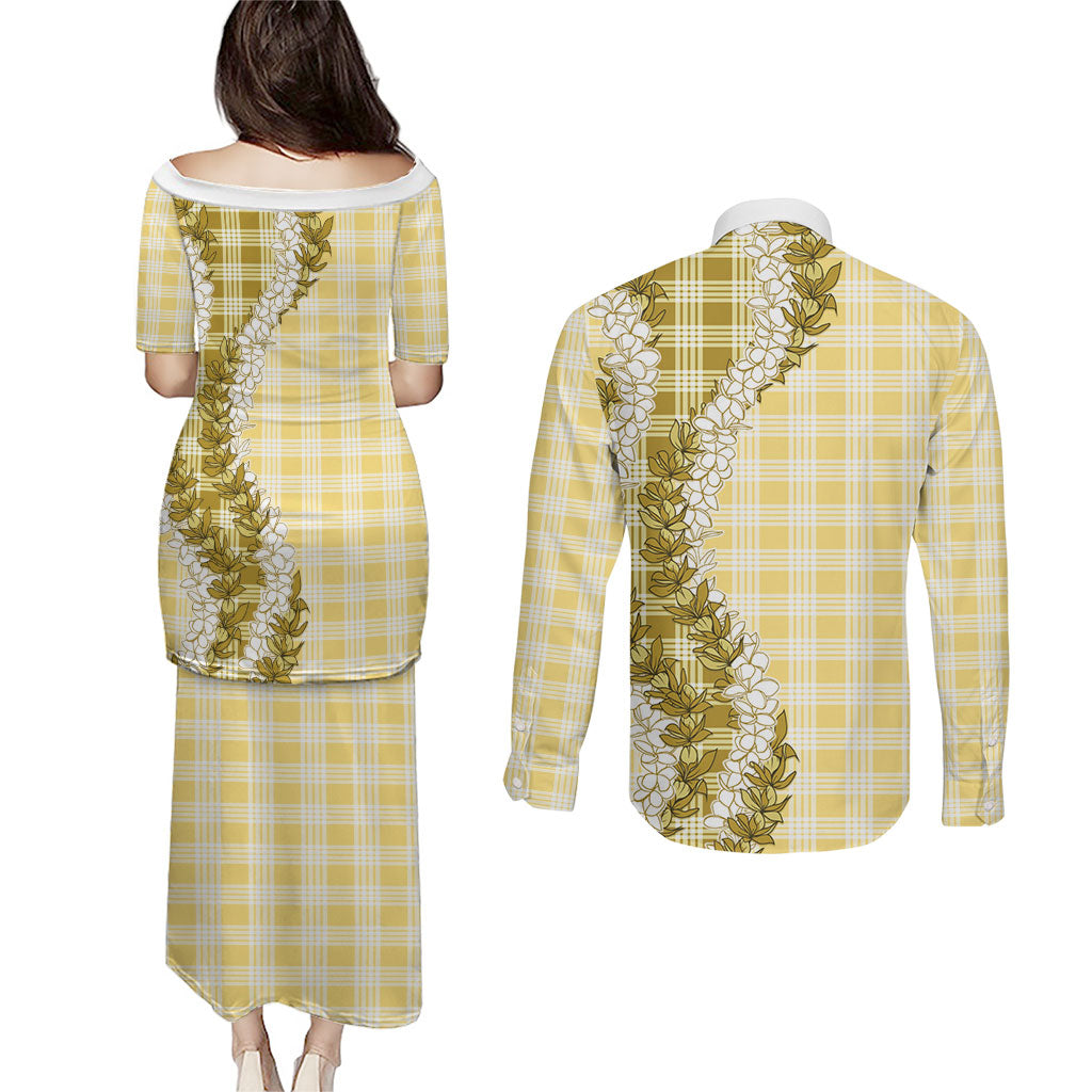 Yellow Hawaii Palaka Couples Matching Puletasi and Long Sleeve Button Shirt Hawaiian Honohono Lei LT05 - Polynesian Pride