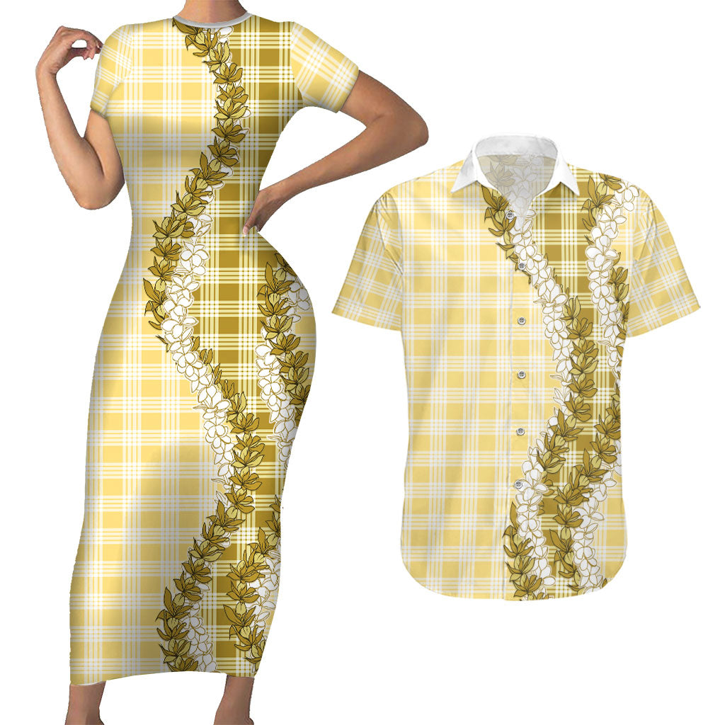 Yellow Hawaii Palaka Couples Matching Short Sleeve Bodycon Dress and Hawaiian Shirt Hawaiian Honohono Lei LT05 Yellow - Polynesian Pride