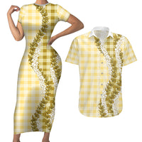 Yellow Hawaii Palaka Couples Matching Short Sleeve Bodycon Dress and Hawaiian Shirt Hawaiian Honohono Lei LT05 Yellow - Polynesian Pride