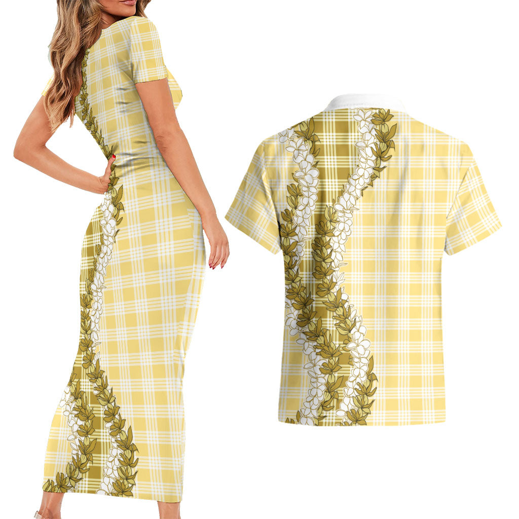 Yellow Hawaii Palaka Couples Matching Short Sleeve Bodycon Dress and Hawaiian Shirt Hawaiian Honohono Lei LT05 - Polynesian Pride
