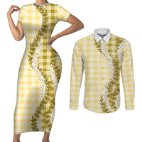 Yellow Hawaii Palaka Couples Matching Short Sleeve Bodycon Dress and Long Sleeve Button Shirt Hawaiian Honohono Lei