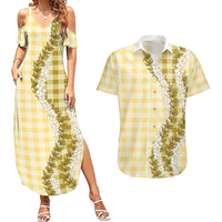Yellow Hawaii Palaka Couples Matching Summer Maxi Dress and Hawaiian Shirt Hawaiian Honohono Lei