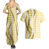 Yellow Hawaii Palaka Couples Matching Summer Maxi Dress and Hawaiian Shirt Hawaiian Honohono Lei