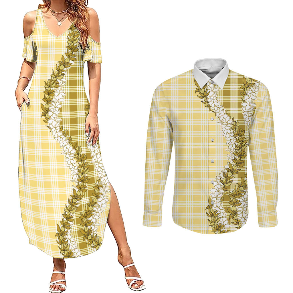Yellow Hawaii Palaka Couples Matching Summer Maxi Dress and Long Sleeve Button Shirt Hawaiian Honohono Lei LT05 Yellow - Polynesian Pride