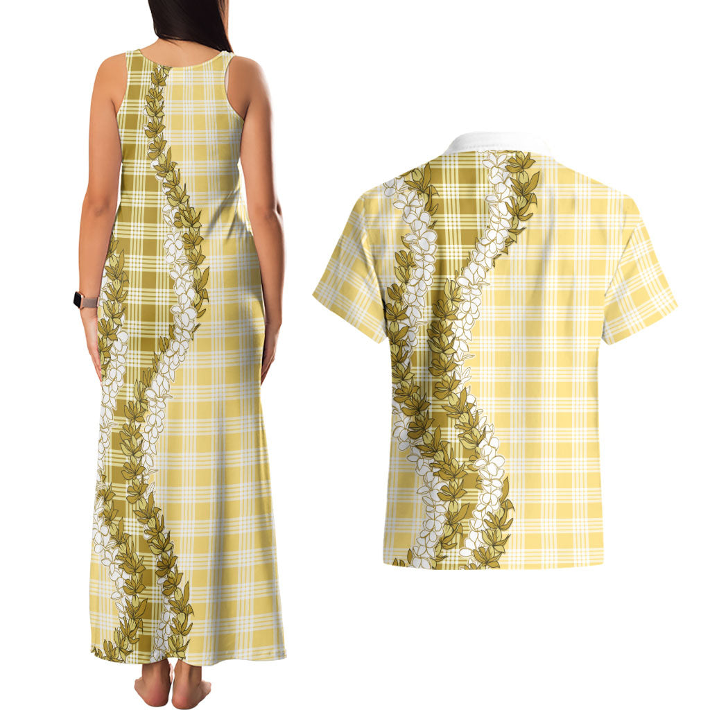 Yellow Hawaii Palaka Couples Matching Tank Maxi Dress and Hawaiian Shirt Hawaiian Honohono Lei