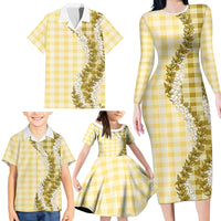 Yellow Hawaii Palaka Family Matching Long Sleeve Bodycon Dress and Hawaiian Shirt Hawaiian Honohono Lei LT05 - Polynesian Pride