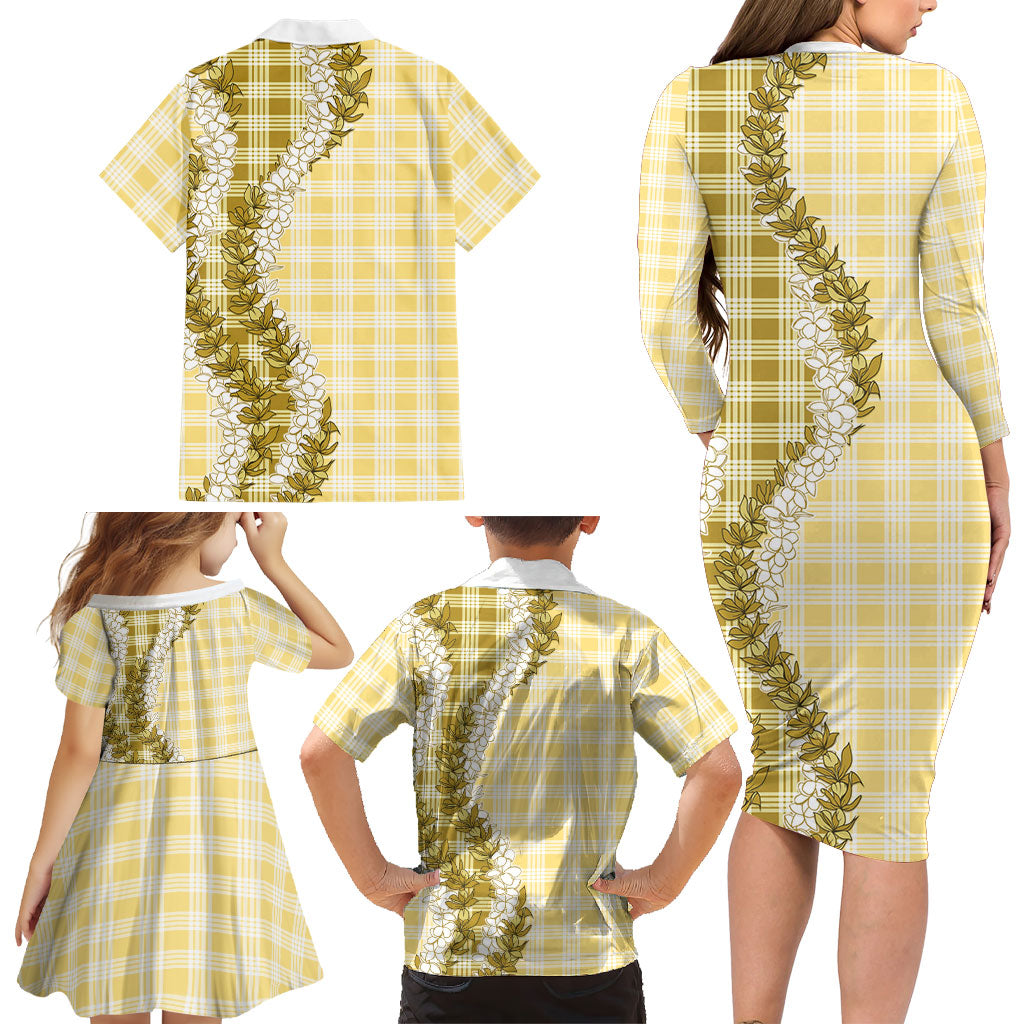 Yellow Hawaii Palaka Family Matching Long Sleeve Bodycon Dress and Hawaiian Shirt Hawaiian Honohono Lei LT05 - Polynesian Pride