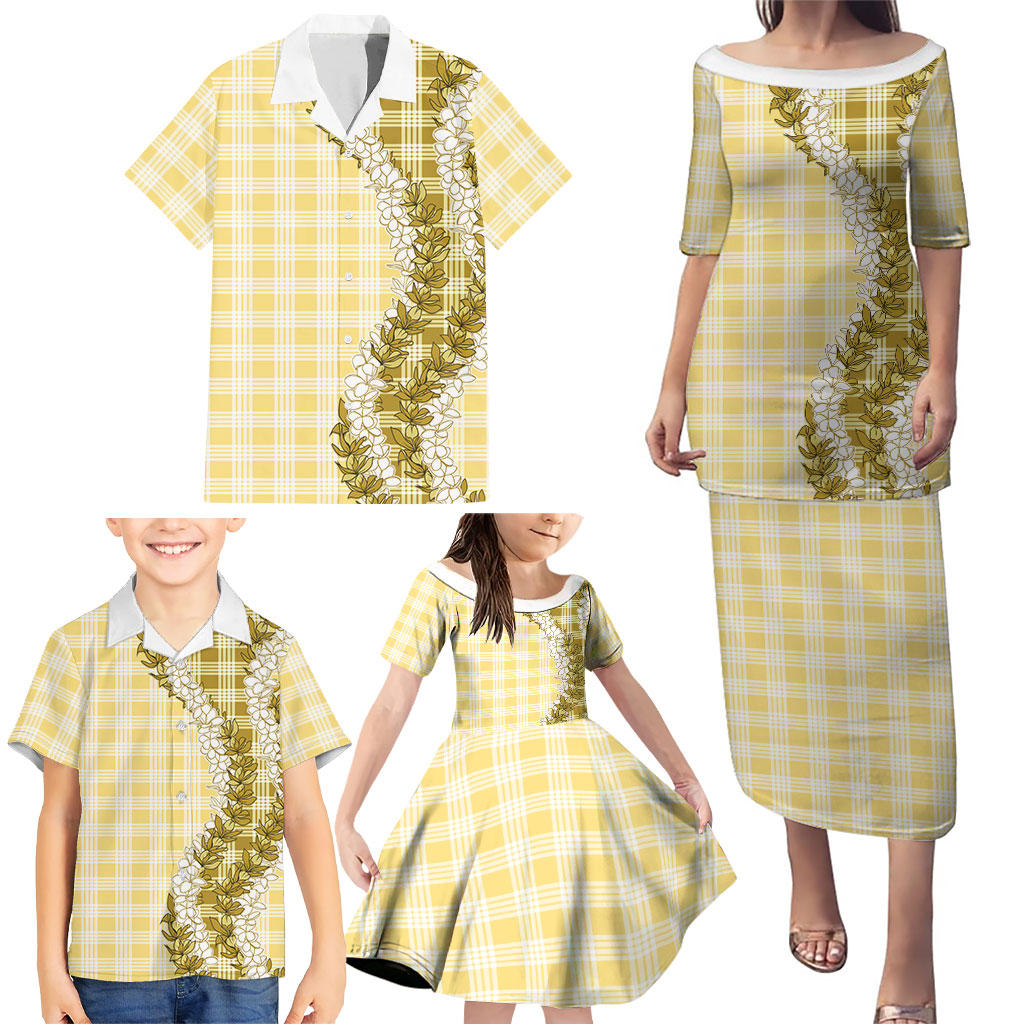 Yellow Hawaii Palaka Family Matching Puletasi and Hawaiian Shirt Hawaiian Honohono Lei