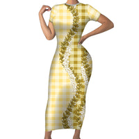 Yellow Hawaii Palaka Family Matching Short Sleeve Bodycon Dress and Hawaiian Shirt Hawaiian Honohono Lei LT05 Mom's Dress Yellow - Polynesian Pride