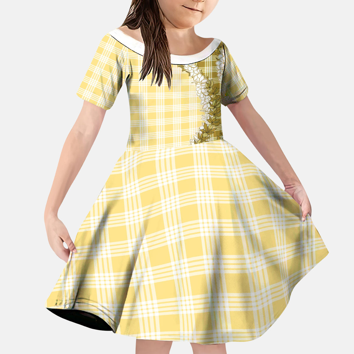 Yellow Hawaii Palaka Kid Short Sleeve Dress Hawaiian Honohono Lei