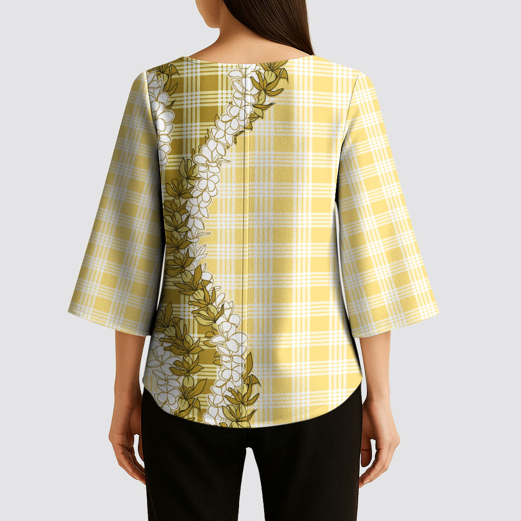 Yellow Hawaii Palaka Kimono Sleeve Blouse Hawaiian Honohono Lei