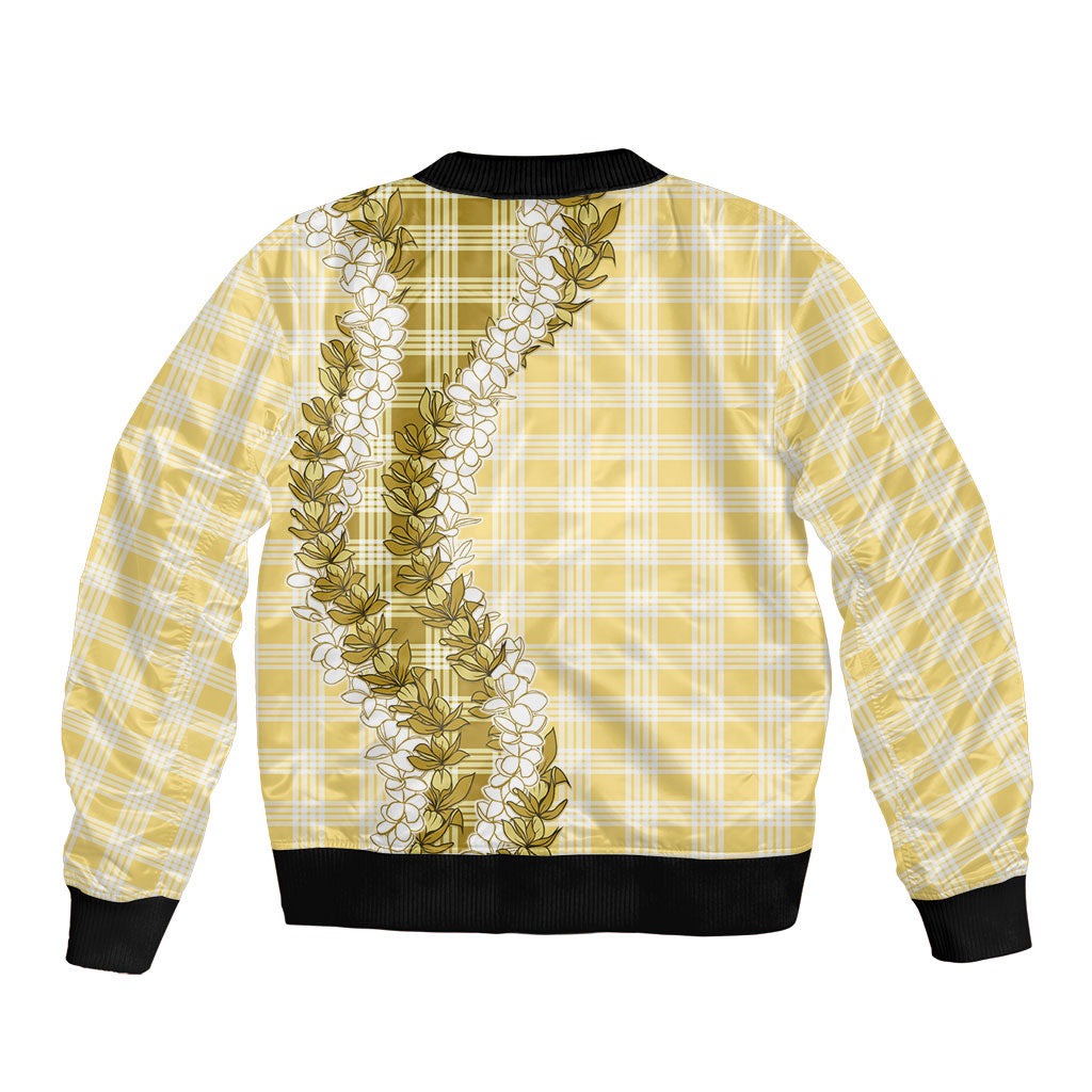 Yellow Hawaii Palaka Sleeve Zip Bomber Jacket Hawaiian Honohono Lei