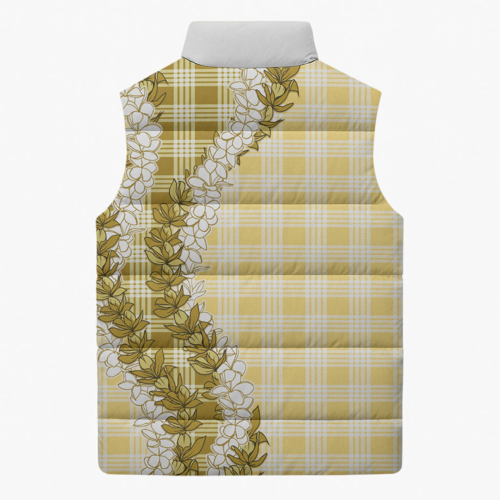 Yellow Hawaii Palaka Sleeveless Puffer Jacket Hawaiian Honohono Lei