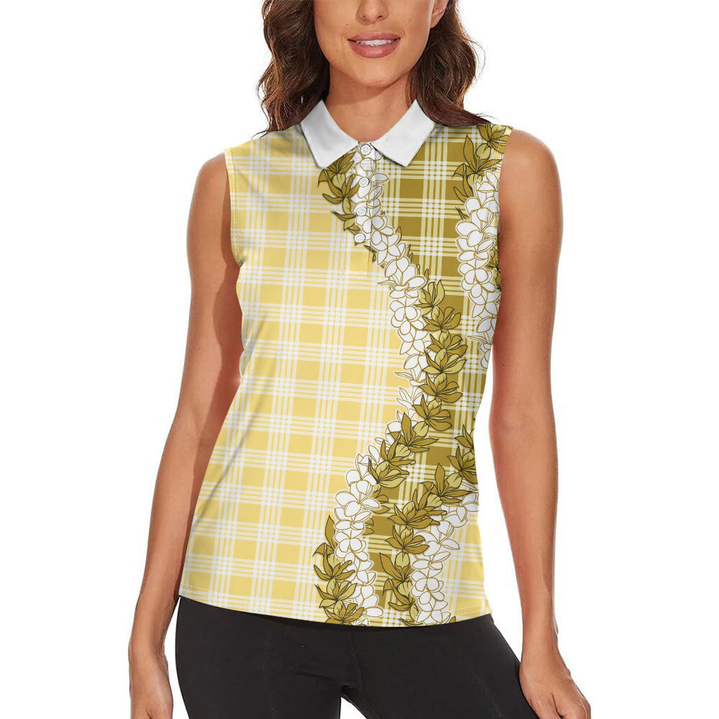 Yellow Hawaii Palaka Women Sleeveless Polo Shirt Hawaiian Honohono Lei