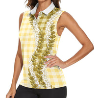 Yellow Hawaii Palaka Women Sleeveless Polo Shirt Hawaiian Honohono Lei