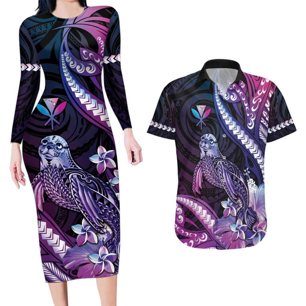 Hawaiian Monk Seal Couples Matching Long Sleeve Bodycon Dress and Hawaiian Shirt Kakau Tribal Pattern Violet Gradient