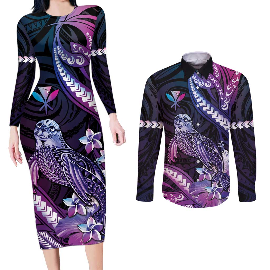 Hawaiian Monk Seal Couples Matching Long Sleeve Bodycon Dress and Long Sleeve Button Shirt Kakau Tribal Pattern Violet Gradient