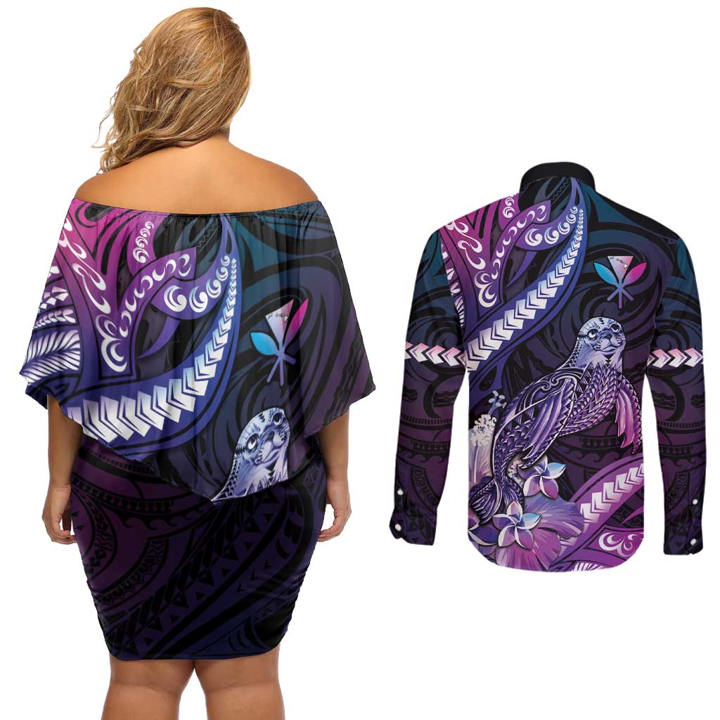 Hawaiian Monk Seal Couples Matching Off Shoulder Short Dress and Long Sleeve Button Shirt Kakau Tribal Pattern Violet Gradient