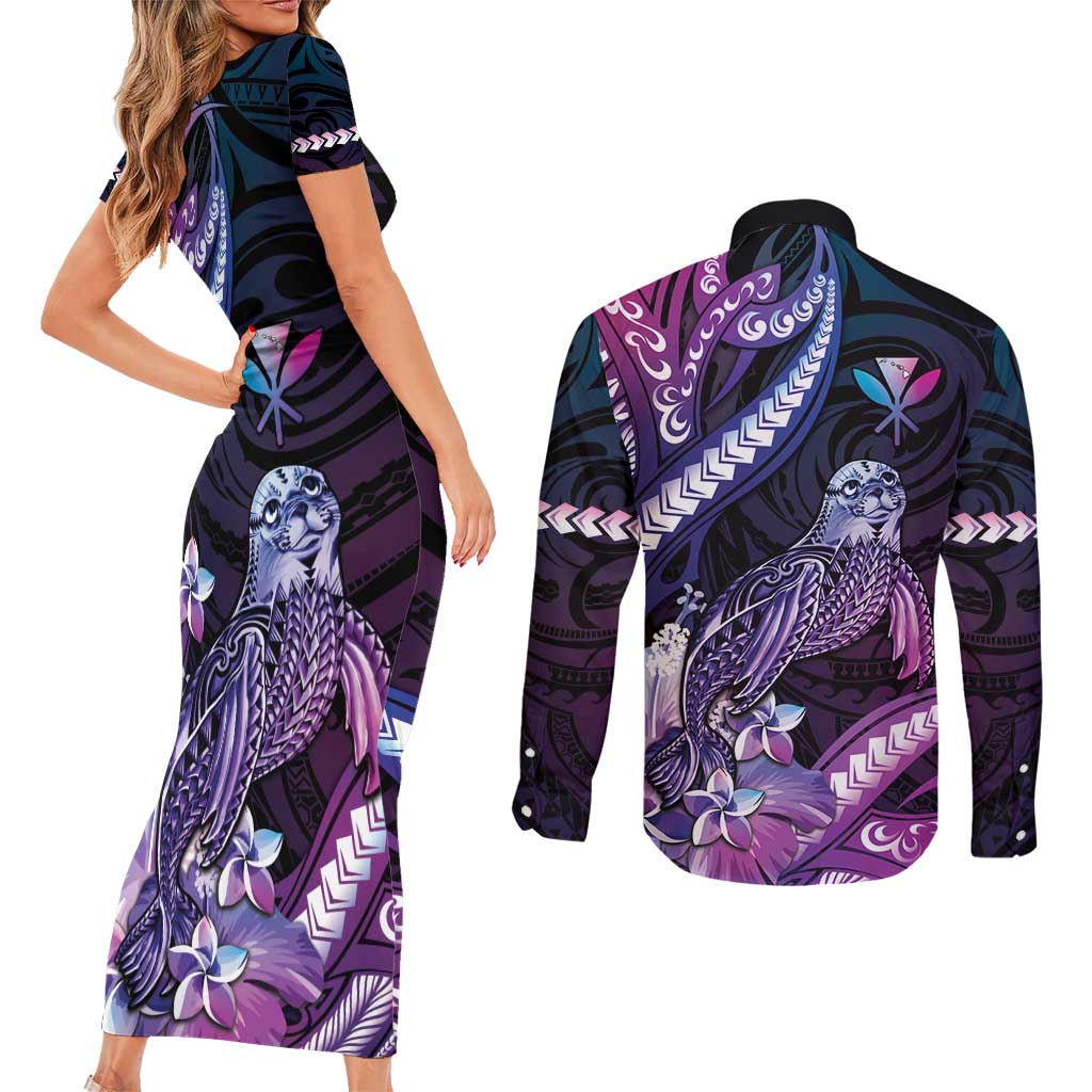 Hawaiian Monk Seal Couples Matching Short Sleeve Bodycon Dress and Long Sleeve Button Shirt Kakau Tribal Pattern Violet Gradient