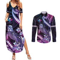 Hawaiian Monk Seal Couples Matching Summer Maxi Dress and Long Sleeve Button Shirt Kakau Tribal Pattern Violet Gradient