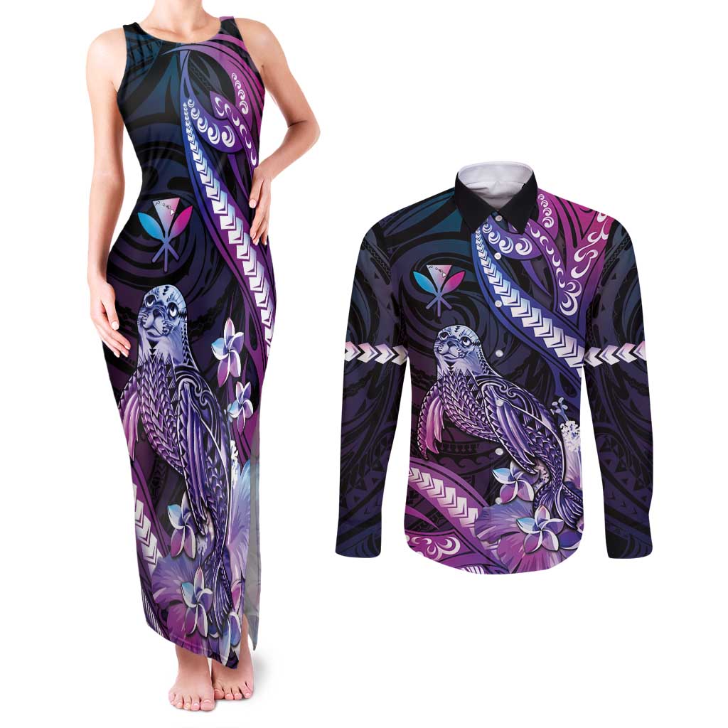 Hawaiian Monk Seal Couples Matching Tank Maxi Dress and Long Sleeve Button Shirt Kakau Tribal Pattern Violet Gradient