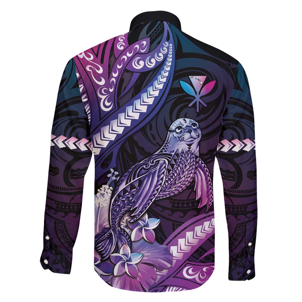Hawaiian Monk Seal Family Matching Long Sleeve Bodycon Dress and Hawaiian Shirt Kakau Tribal Pattern Violet Gradient
