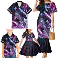 Hawaiian Monk Seal Family Matching Mermaid Dress and Hawaiian Shirt Kakau Tribal Pattern Violet Gradient