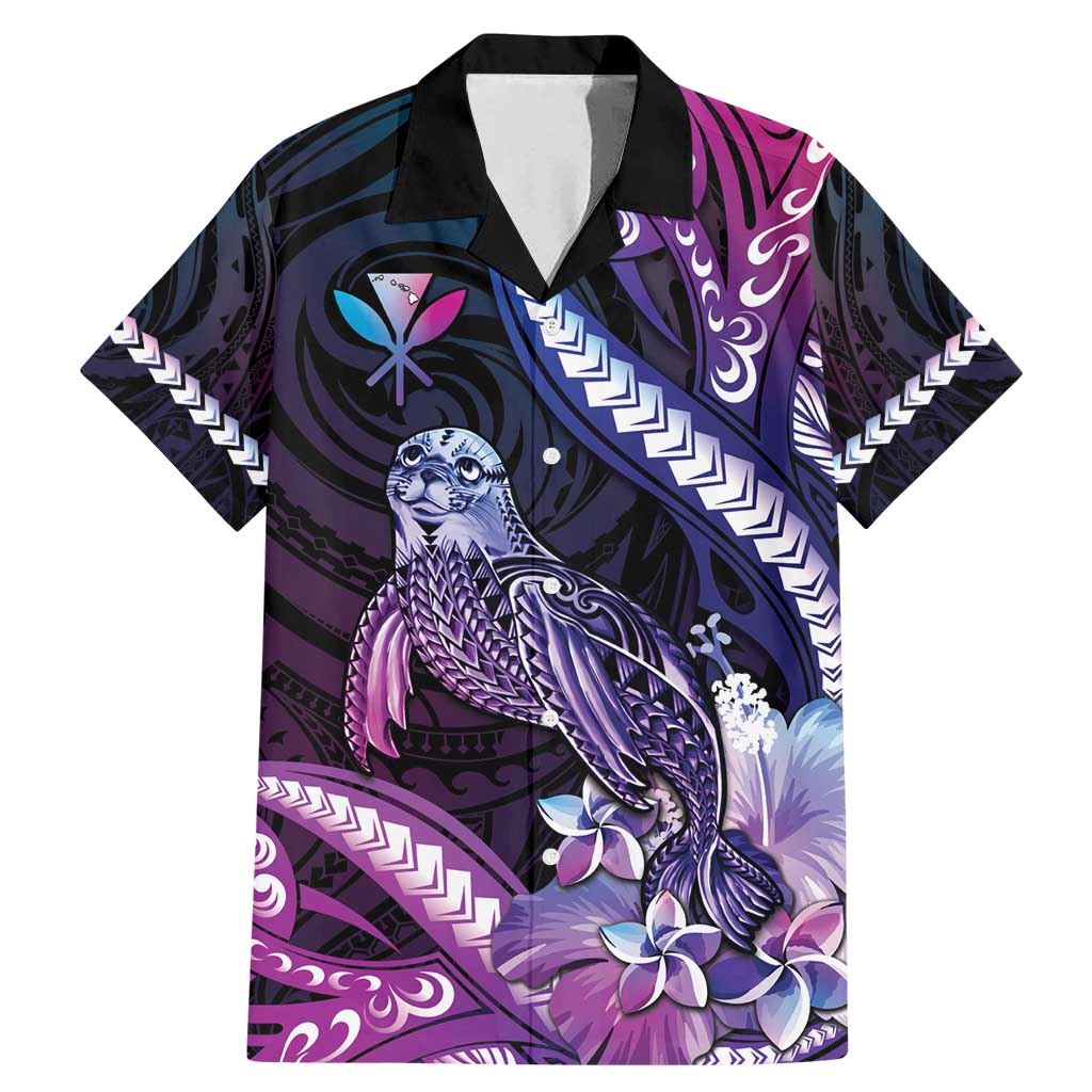Hawaiian Monk Seal Family Matching Mermaid Dress and Hawaiian Shirt Kakau Tribal Pattern Violet Gradient