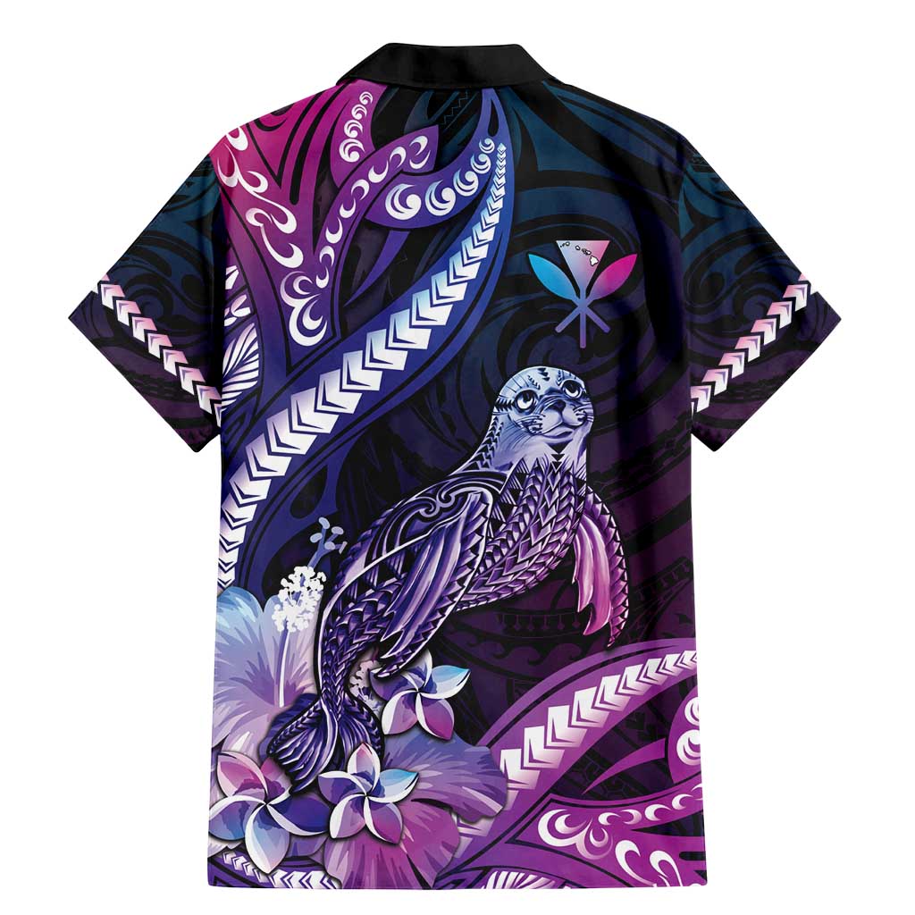 Hawaiian Monk Seal Family Matching Mermaid Dress and Hawaiian Shirt Kakau Tribal Pattern Violet Gradient