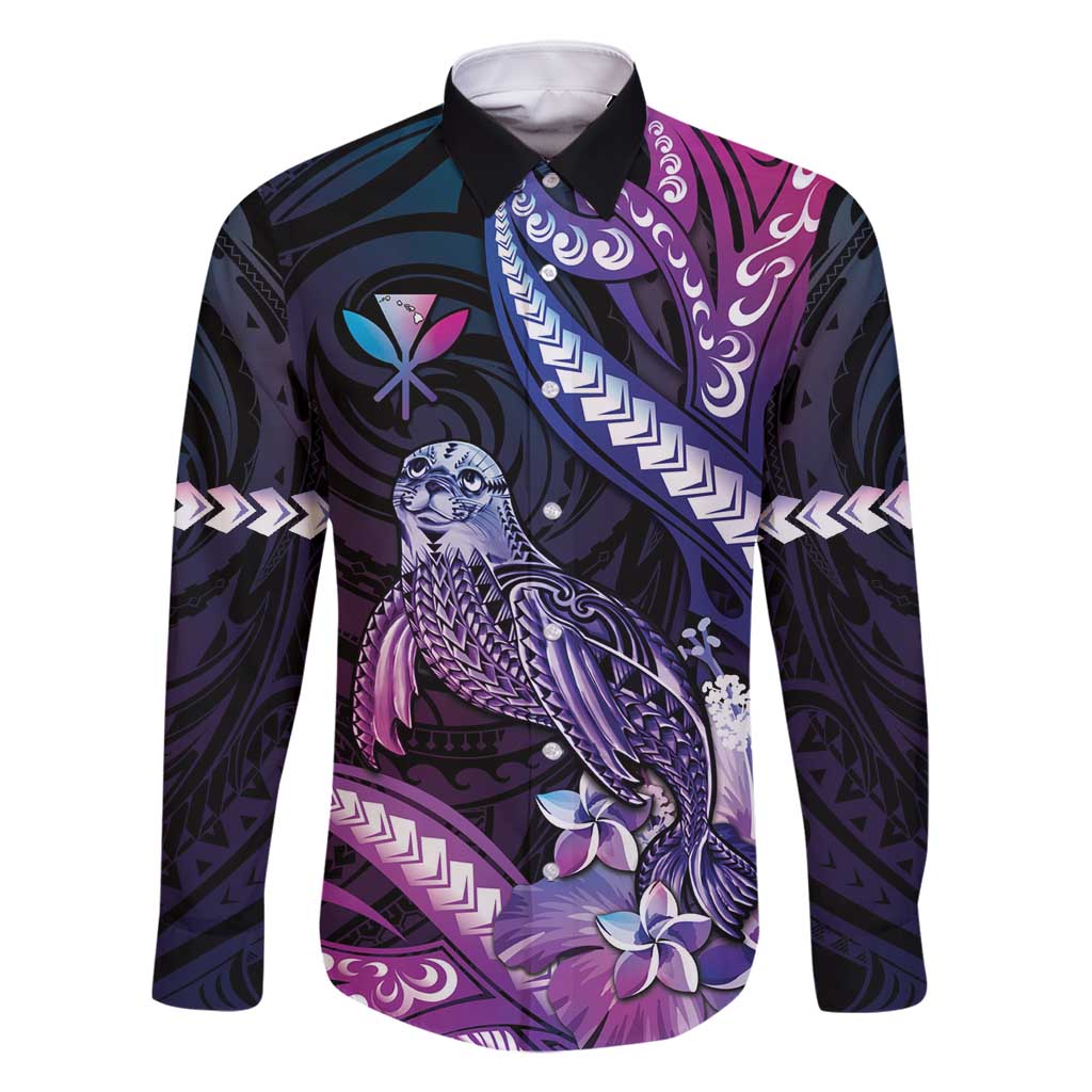 Hawaiian Monk Seal Family Matching Mermaid Dress and Hawaiian Shirt Kakau Tribal Pattern Violet Gradient