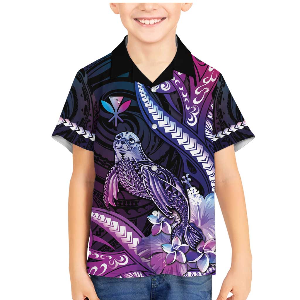 Hawaiian Monk Seal Family Matching Mermaid Dress and Hawaiian Shirt Kakau Tribal Pattern Violet Gradient