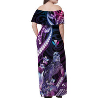 Hawaiian Monk Seal Family Matching Off Shoulder Maxi Dress and Hawaiian Shirt Kakau Tribal Pattern Violet Gradient
