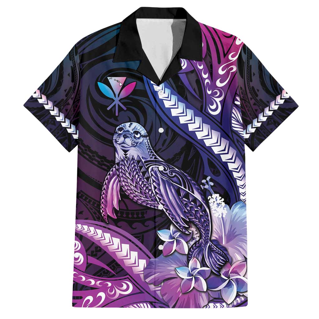 Hawaiian Monk Seal Family Matching Summer Maxi Dress and Hawaiian Shirt Kakau Tribal Pattern Violet Gradient