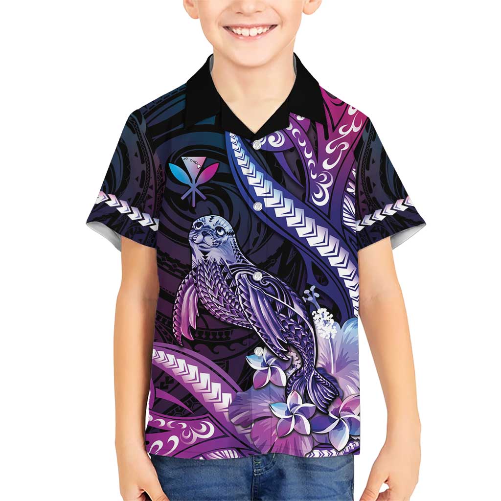 Hawaiian Monk Seal Kid Hawaiian Shirt Kakau Tribal Pattern Violet Gradient